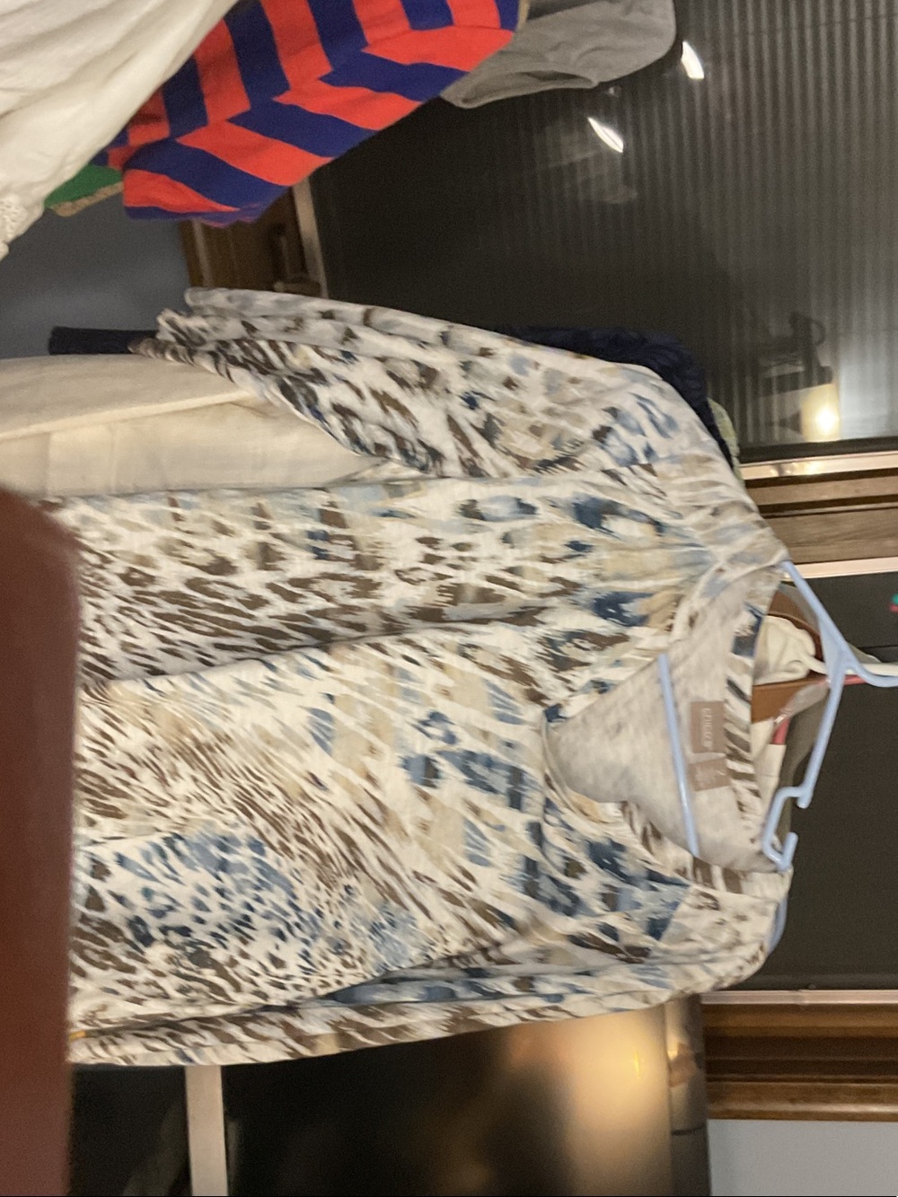 Chico's Beige, Blue and Brown Animal Print Long Sleeve Top